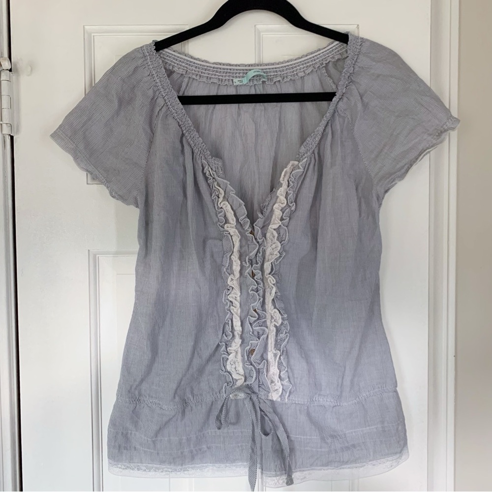 Maurices Blue and White Striped Ruffled Blouse